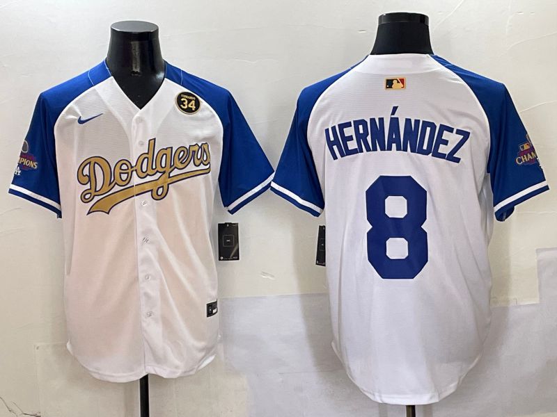Men Los Angeles Dodgers #8 Hernandez White Blue Champion gold character Nike 2025 MLB Jersey style 5046->los angeles dodgers->MLB Jersey